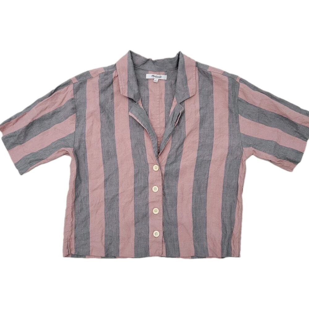 Madewell 100% Linen Button-Up Resort Top Striped Short Sleeve Small Pink Gray